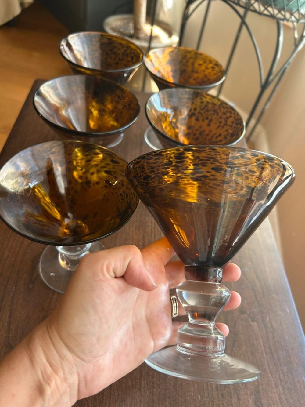 2 hand blown glass tortoiseshell martini glasses